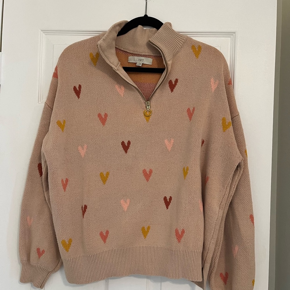 LOFT Heart Pattern Quarter Zip Sweater - Pink and Brown